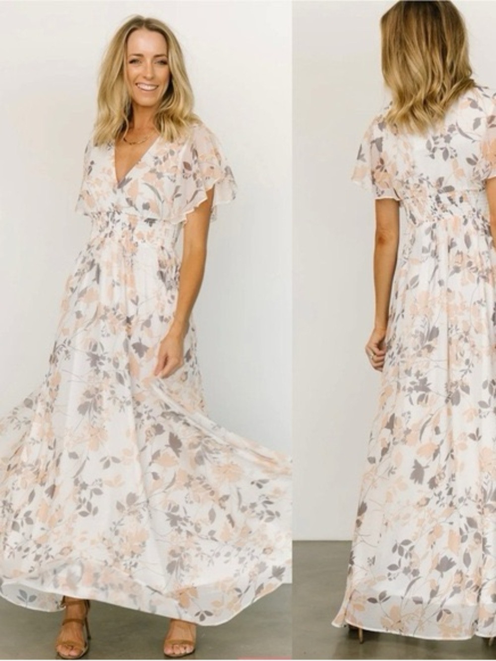 Baltic Born Peach and Gray Floral Maxi Dress